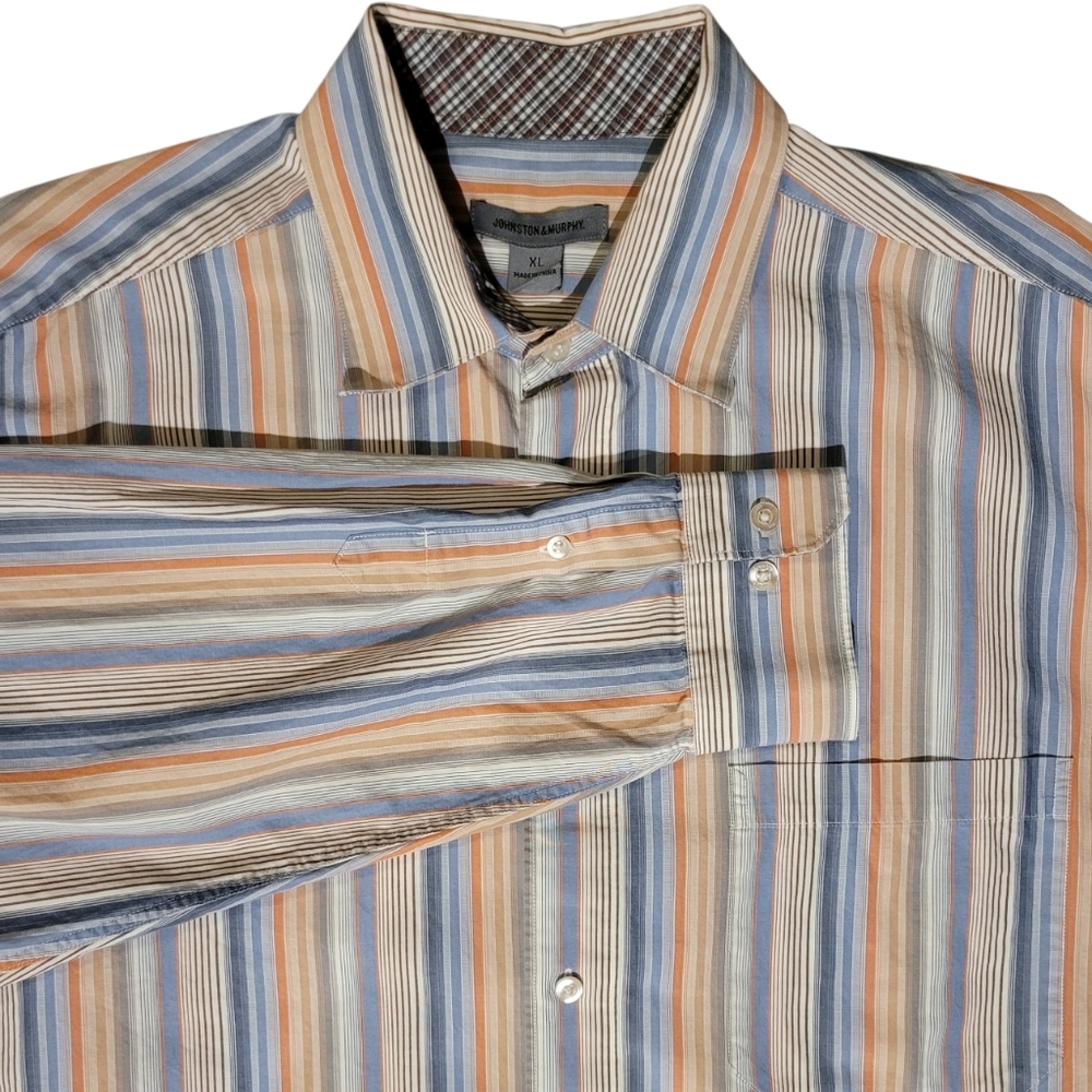 Johnston & Murphy Long Sleeve Button Mens Shirt XL Blue Coral Gray Stripe Cotton